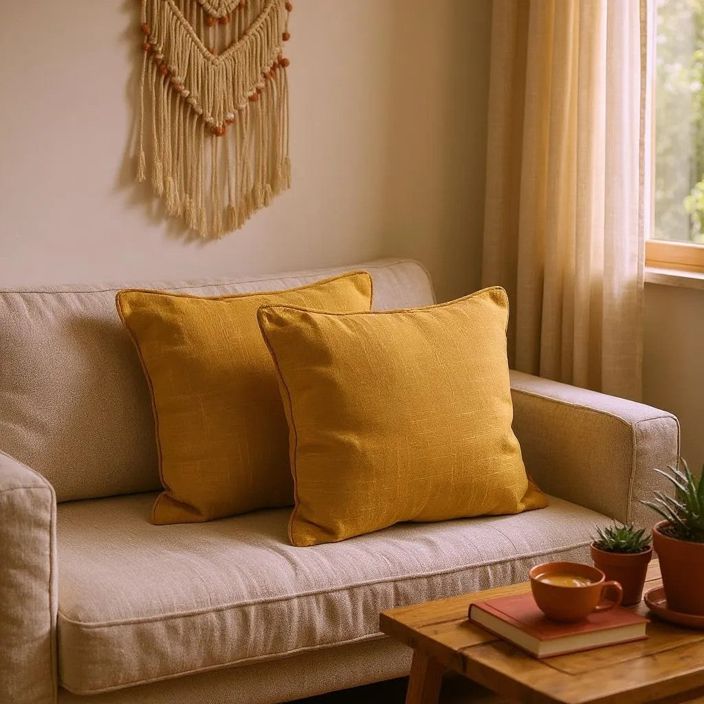 Mustard Yellow Cotton Textured Cushion Covers - Set of 2
