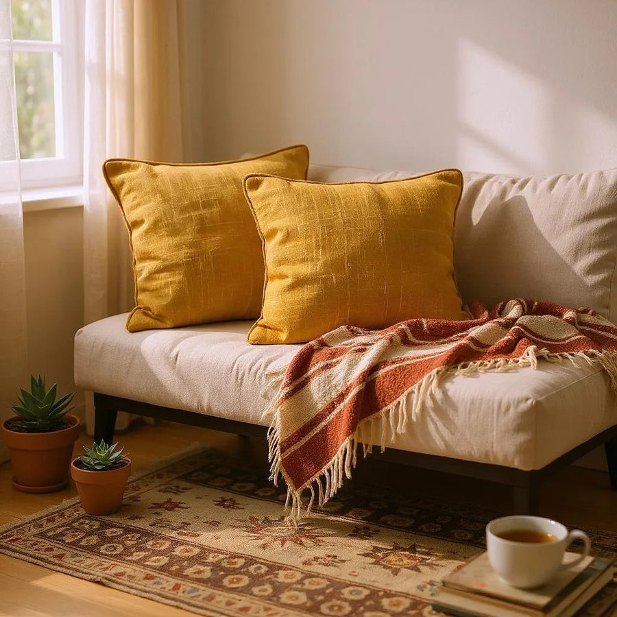 Mustard Yellow Cotton Textured Cushion Covers - Set of 2