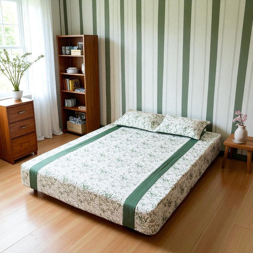 Botanical Green Cotton Bedsheet Set – Includes 2 Pillow Covers