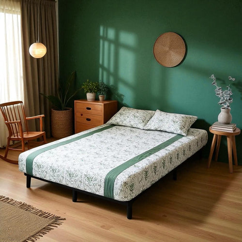 Botanical Green Cotton Bedsheet Set – Includes 2 Pillow Covers