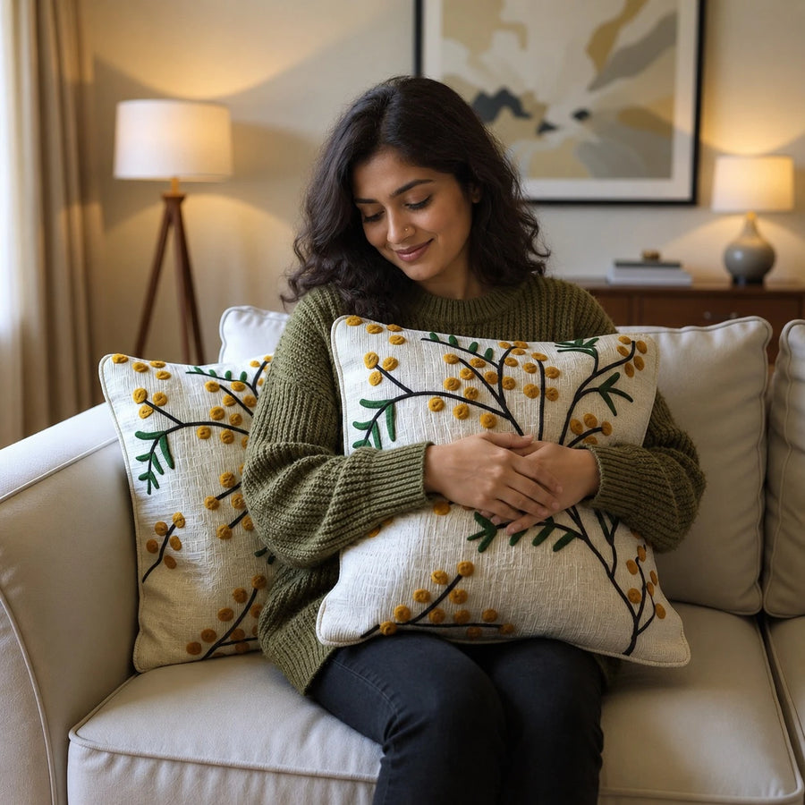 Botanical Embroidered Cotton Cushion Covers - Set of 2