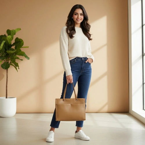 Chic Brown Office Tote Bag with Pouch