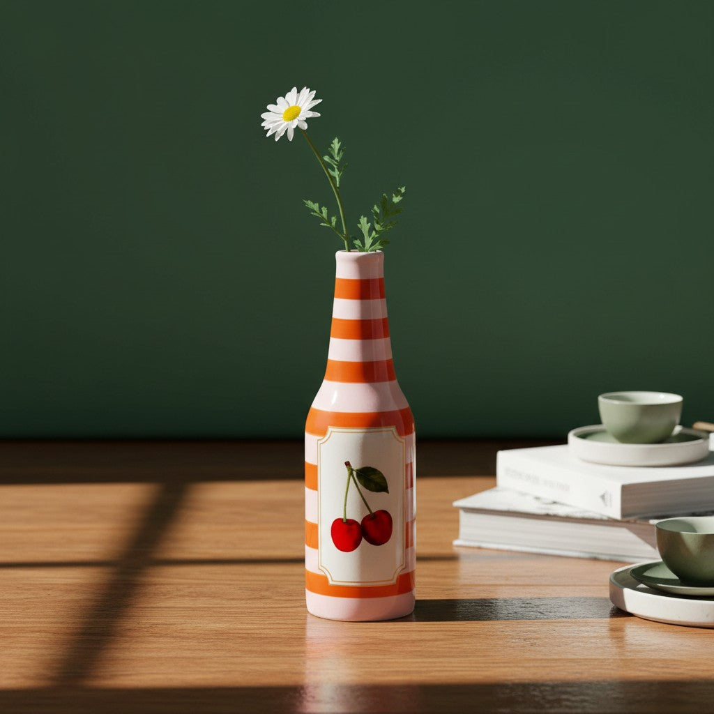Cherry on Top striped bottle vase with a daisy