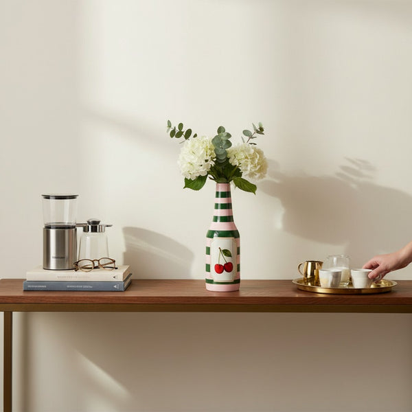 Cherry on Top vase with white hydrangeas on a console table