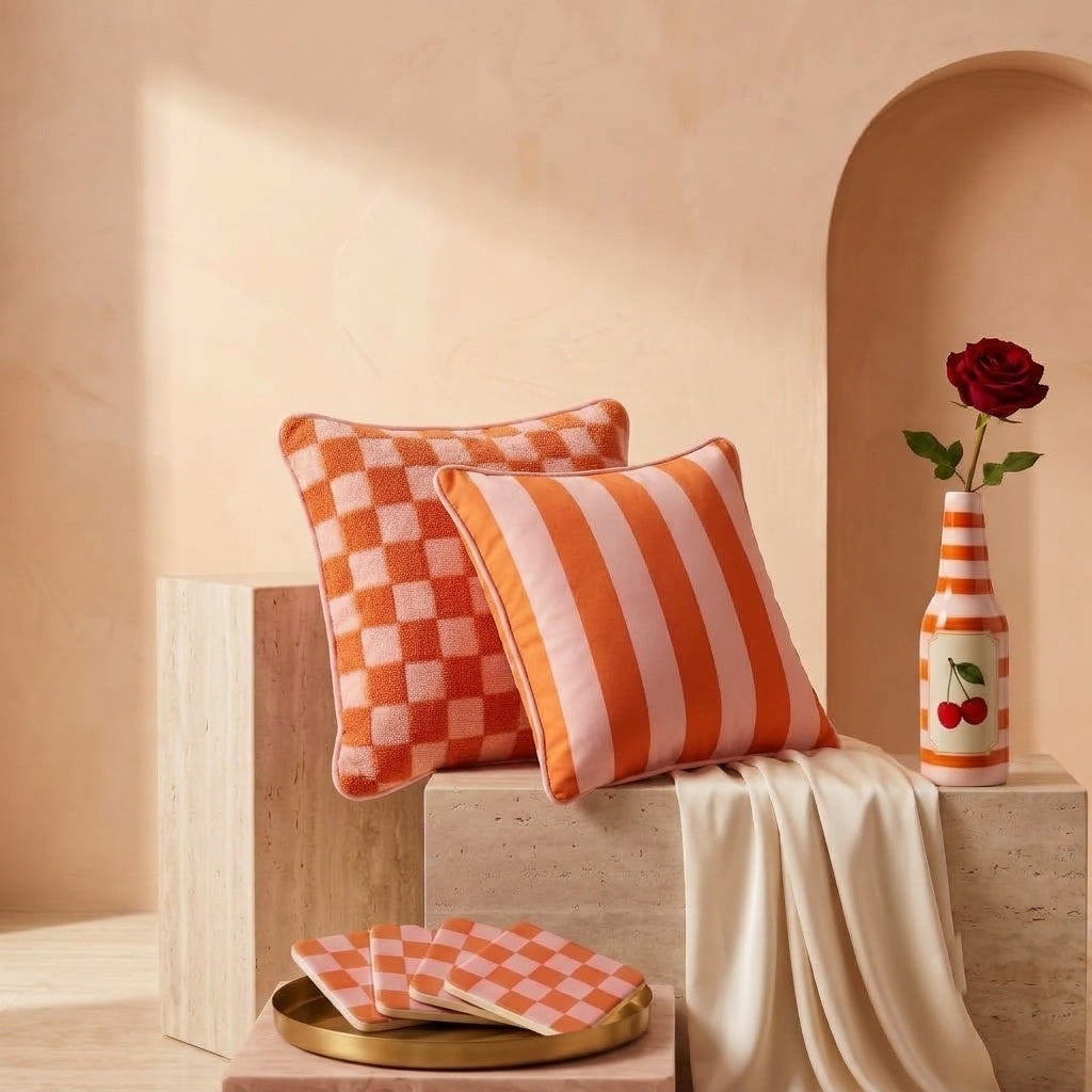 Cherry on Top vase in Sunset Coral with coasters on a brass tray