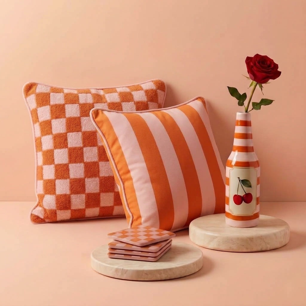 Cherry on Top vase in Sunset Coral with cushion covers and coasters