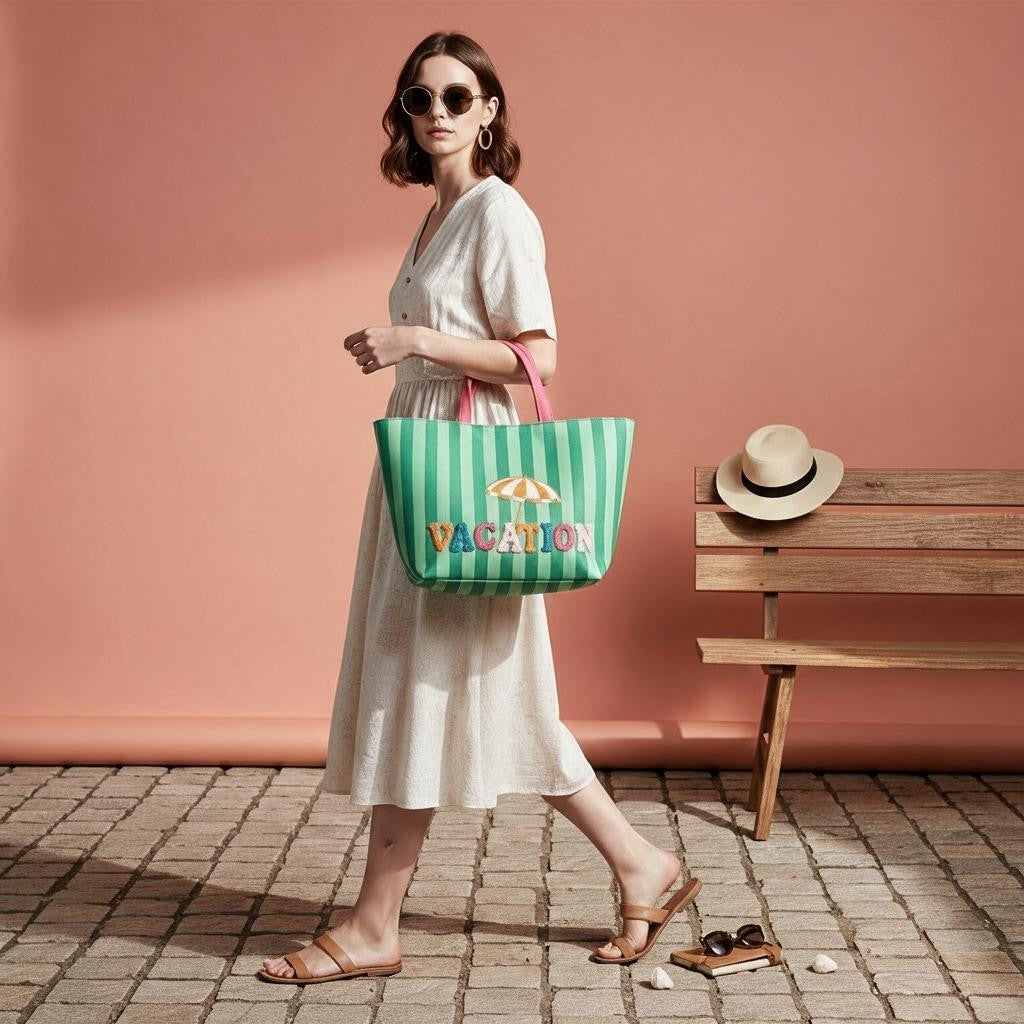 Long Weekend Tote in Palm Green, carried against a terracotta wall