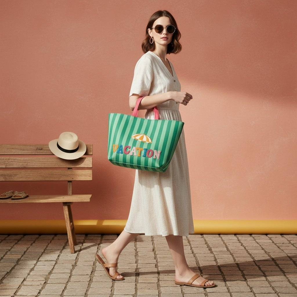 Long Weekend Tote in Palm Green, carried against a terracotta wall