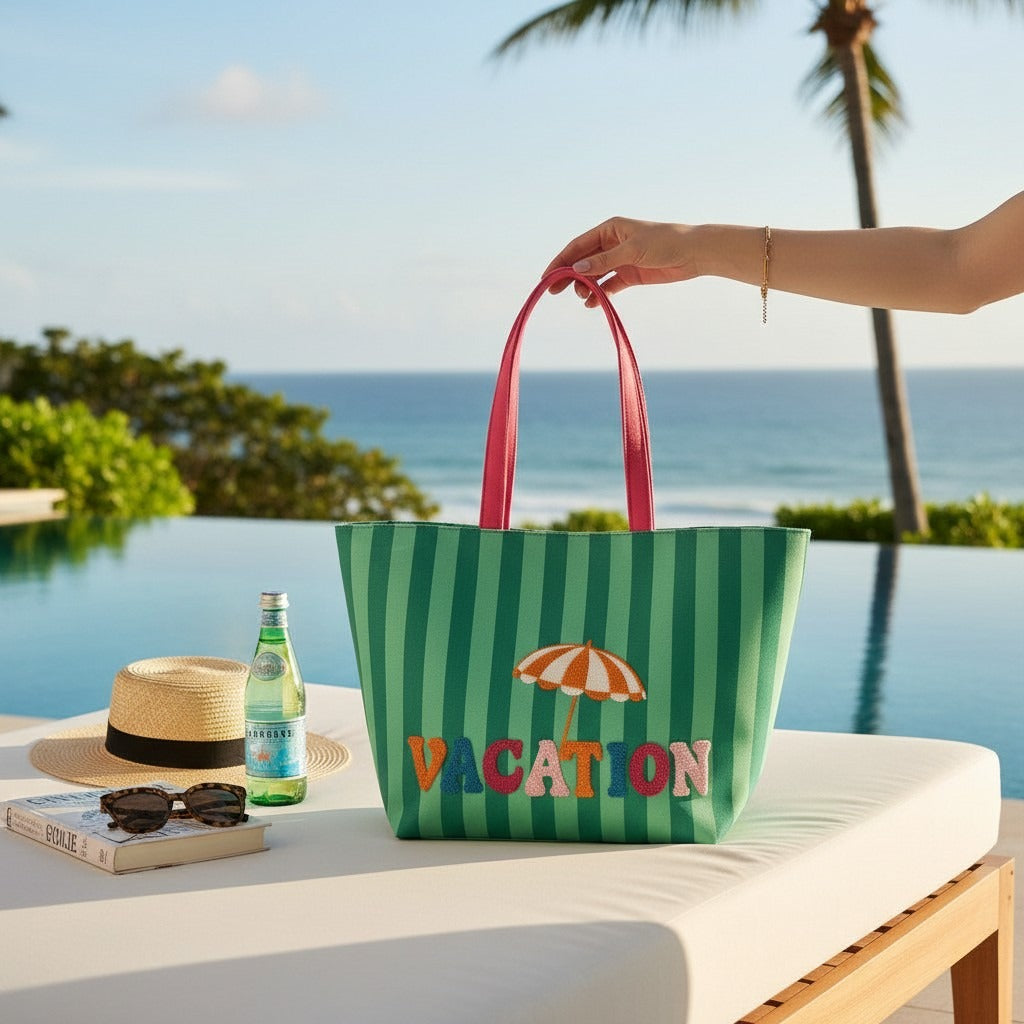 Long Weekend Tote in Palm Green on a poolside lounger by the sea