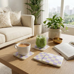 Me Time coasters in Lavender Cream on a coffee table