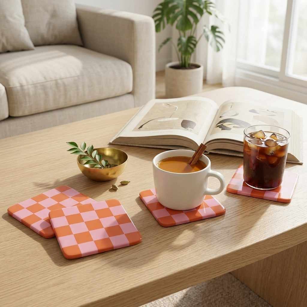 Glow Up coasters in Sunset Coral