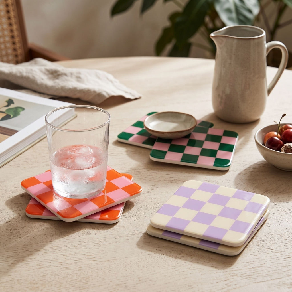 Me Time coasters, all three colours, on a breakfast table