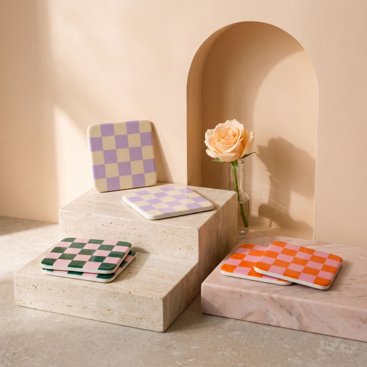 Me Time coasters, all three colours, on stone plinths