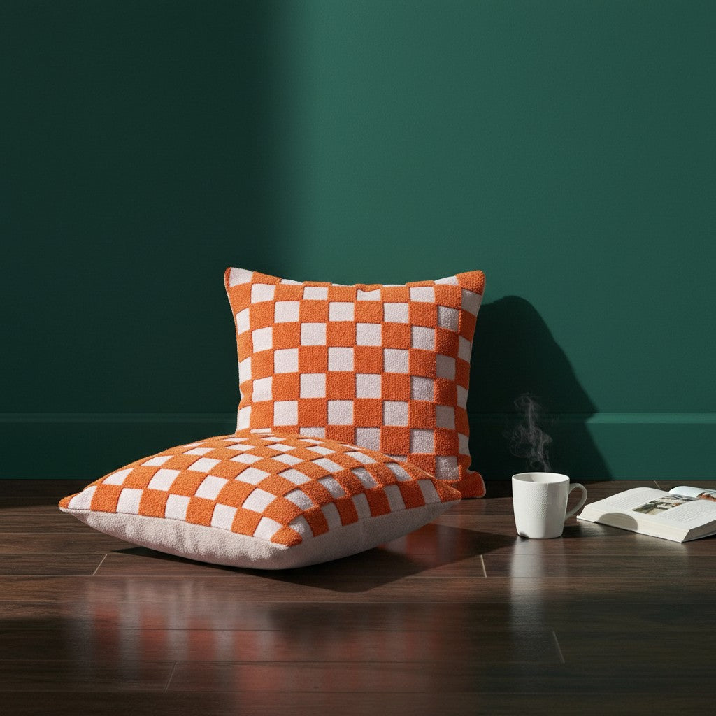 Rain Check checked cushion cover in Sunset Coral