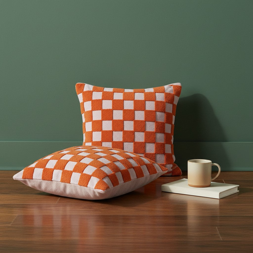 Rain Check checked cushion cover in Sunset Coral