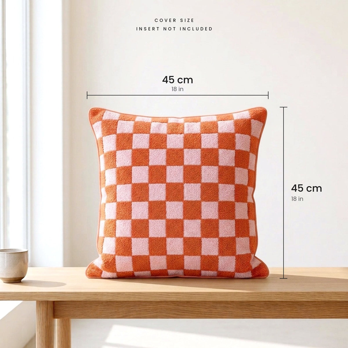 Rain Check cushion cover size in Sunset Coral: 45 x 45 cm (18 x 18 in)