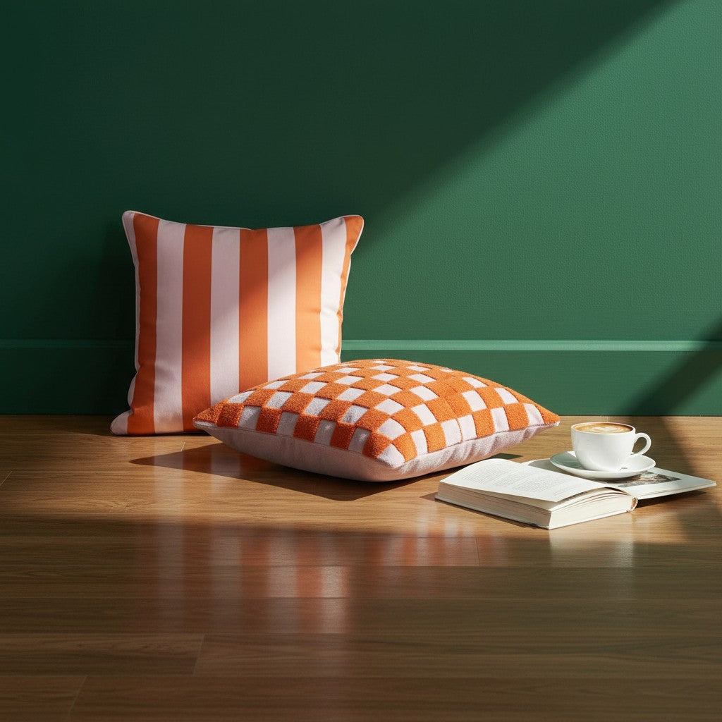 Rain Check and Sunday Reset cushion covers in Sunset Coral