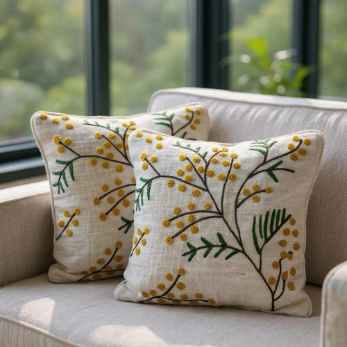 Botanical Embroidered Cotton Cushion Covers - Set of 2